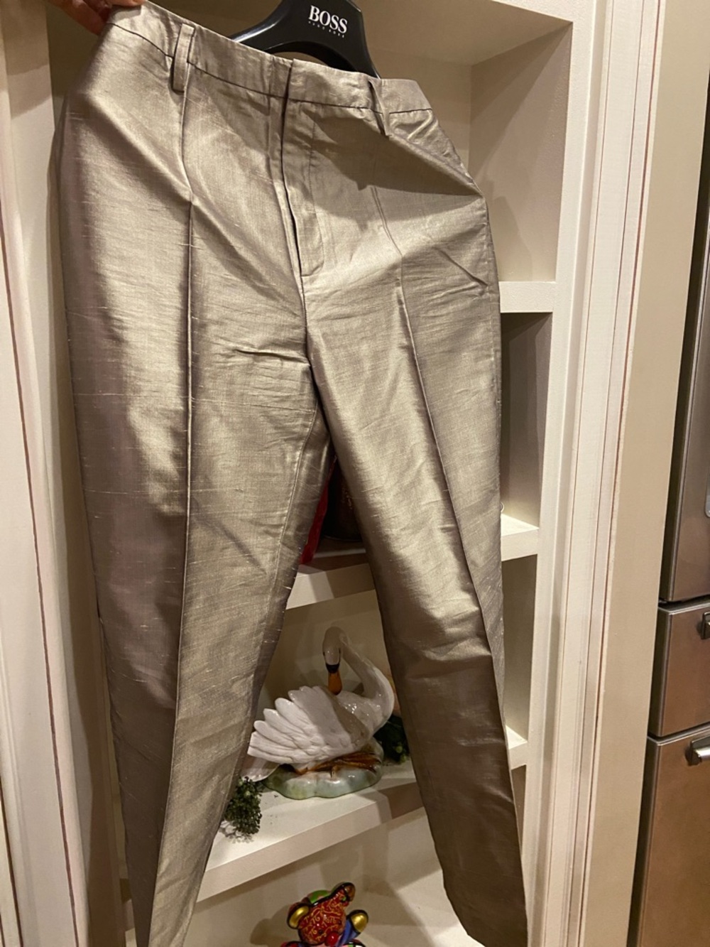 Vintage Metallic Silver Straight-Leg Women's Trousers silk Coordinating jacket